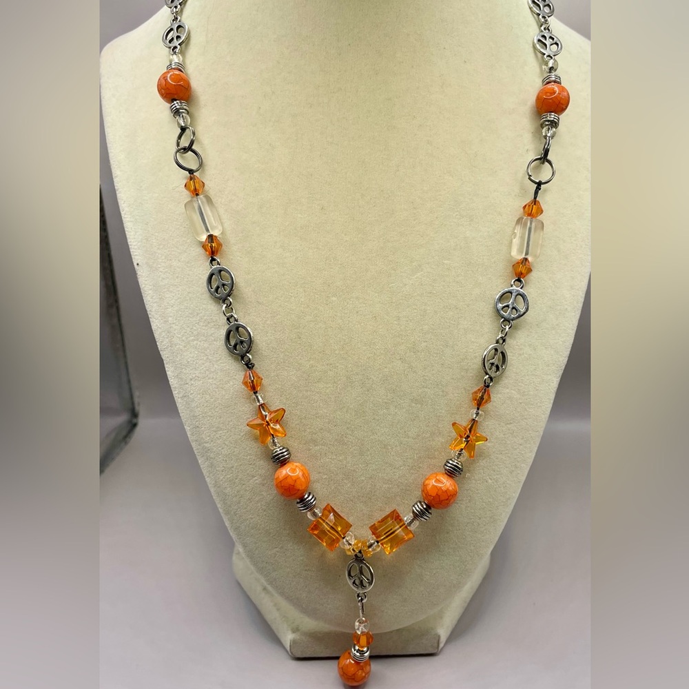 Vibrant Orange and Silver Necklace with Amber Crystals and Stars